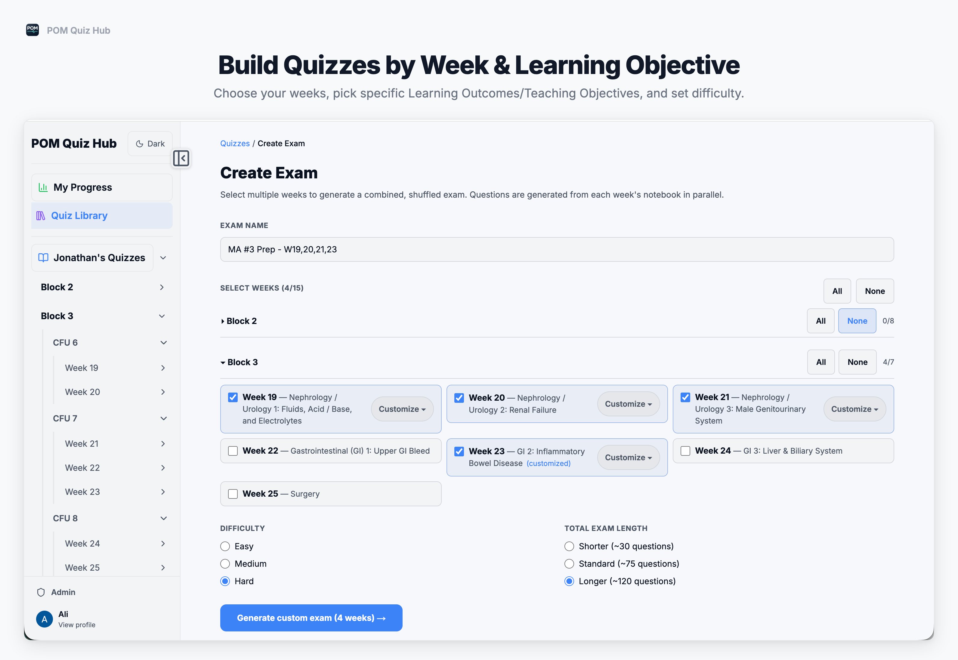 Generate custom quizzes in seconds.